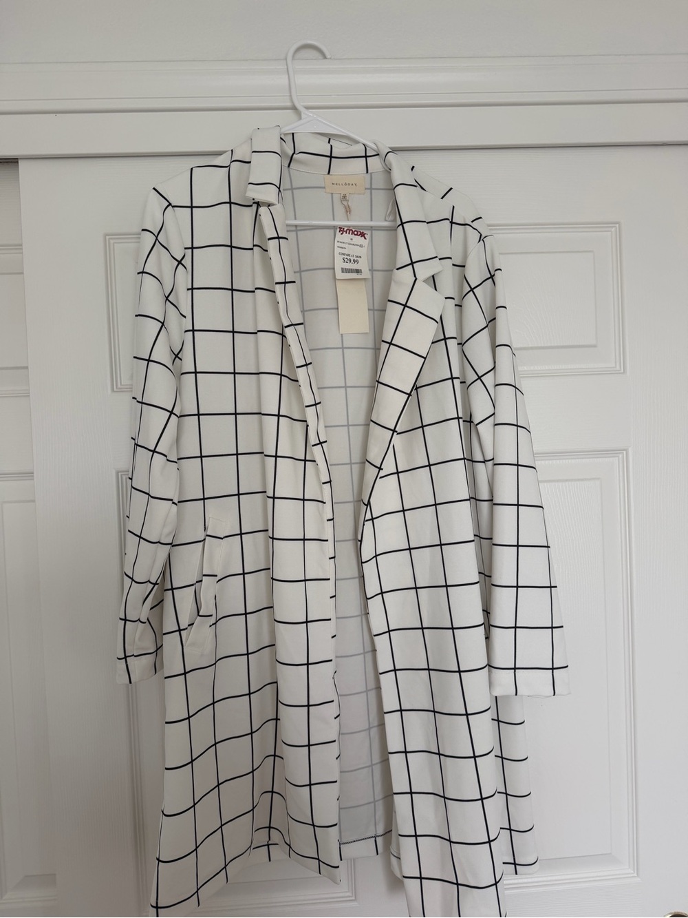 MELLODAY White Trench Coat with Black Windowpane Grid